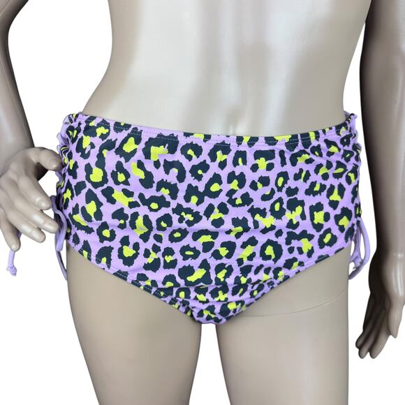 New Shekini Purple Black Leopard Print High Waist Scoop Neck 2 Pc Set Swimsuit M - Picture 3 of 11